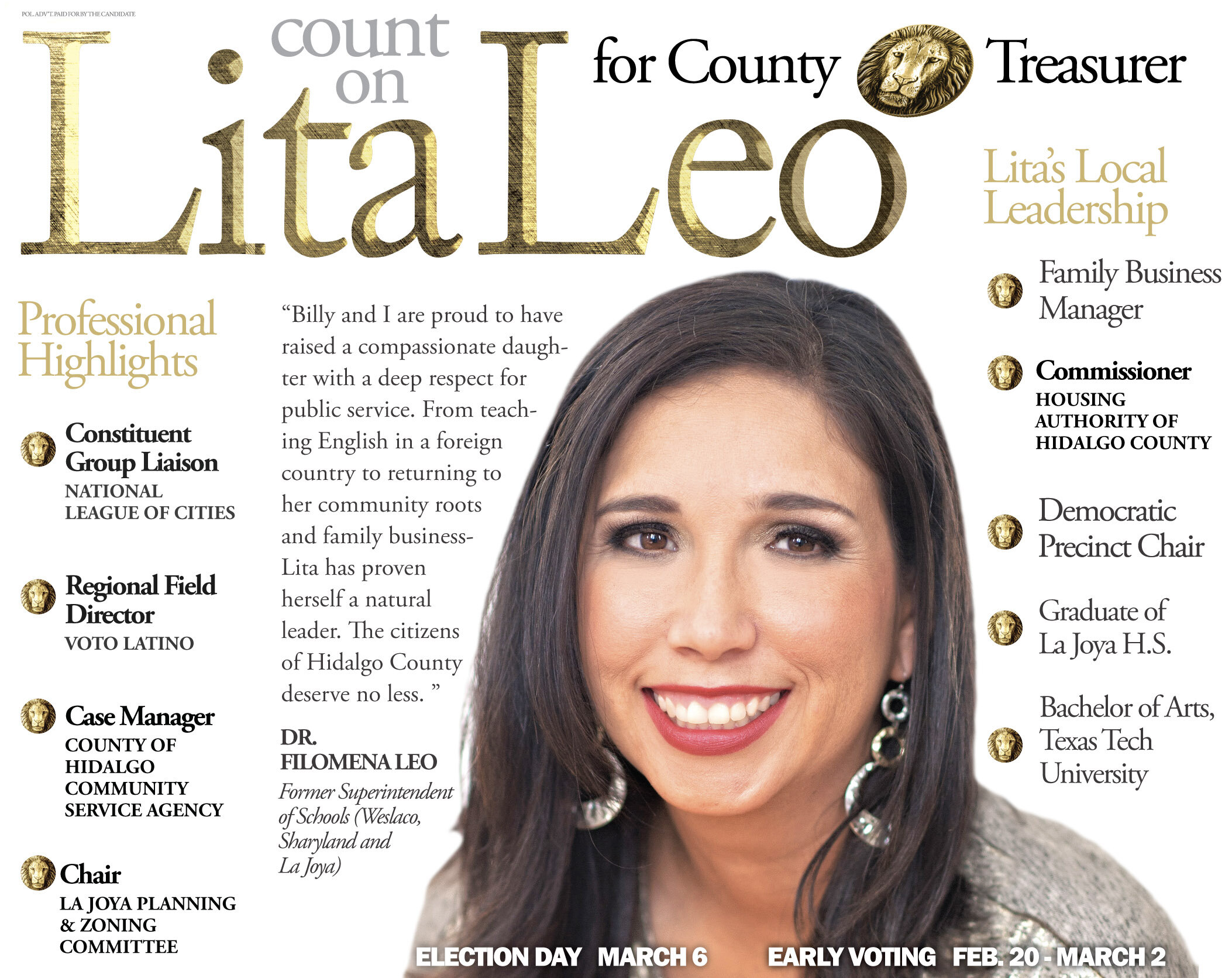 Lita Leo campaign information card with biography and qualifications