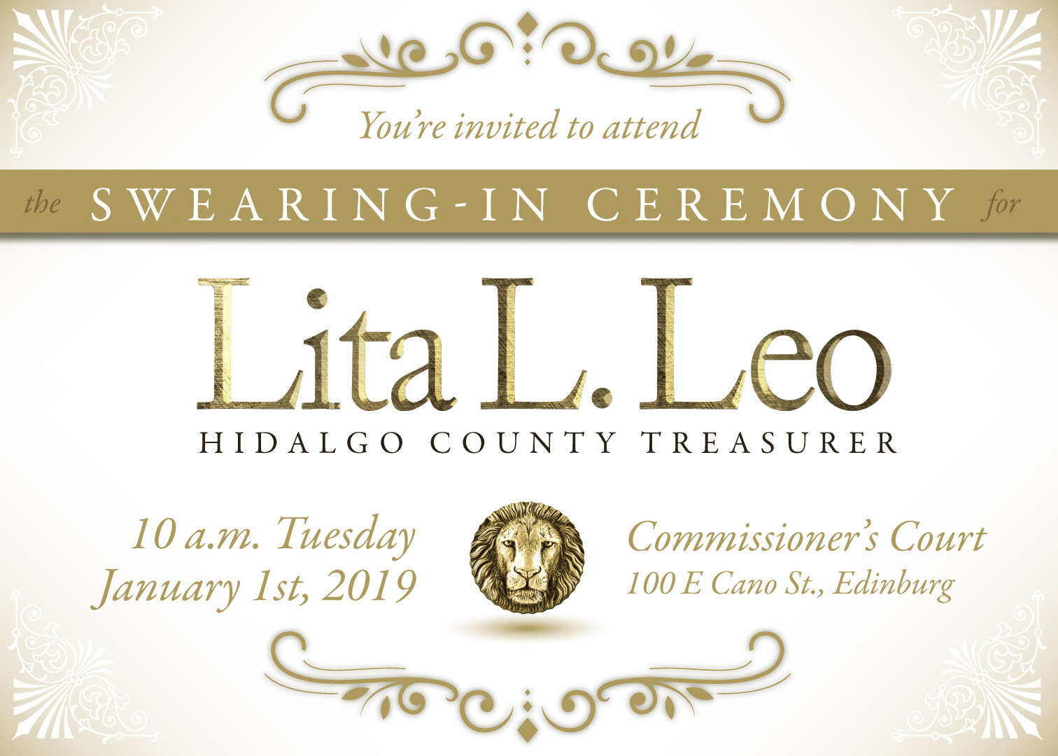 Gold and cream invitation to Lita Leo's swearing-in ceremony