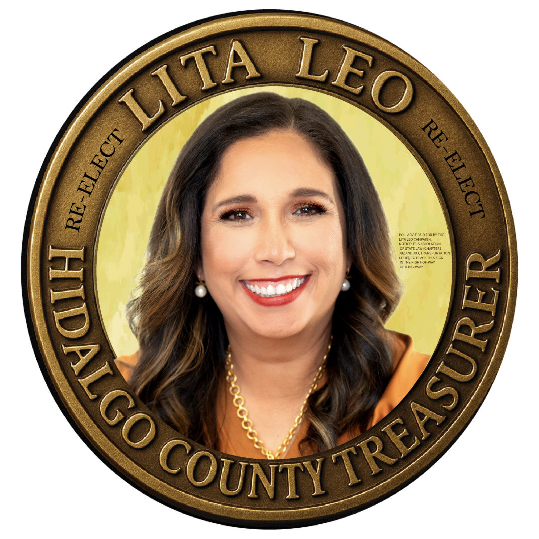 Round gold coin campaign sign featuring Lita Leo