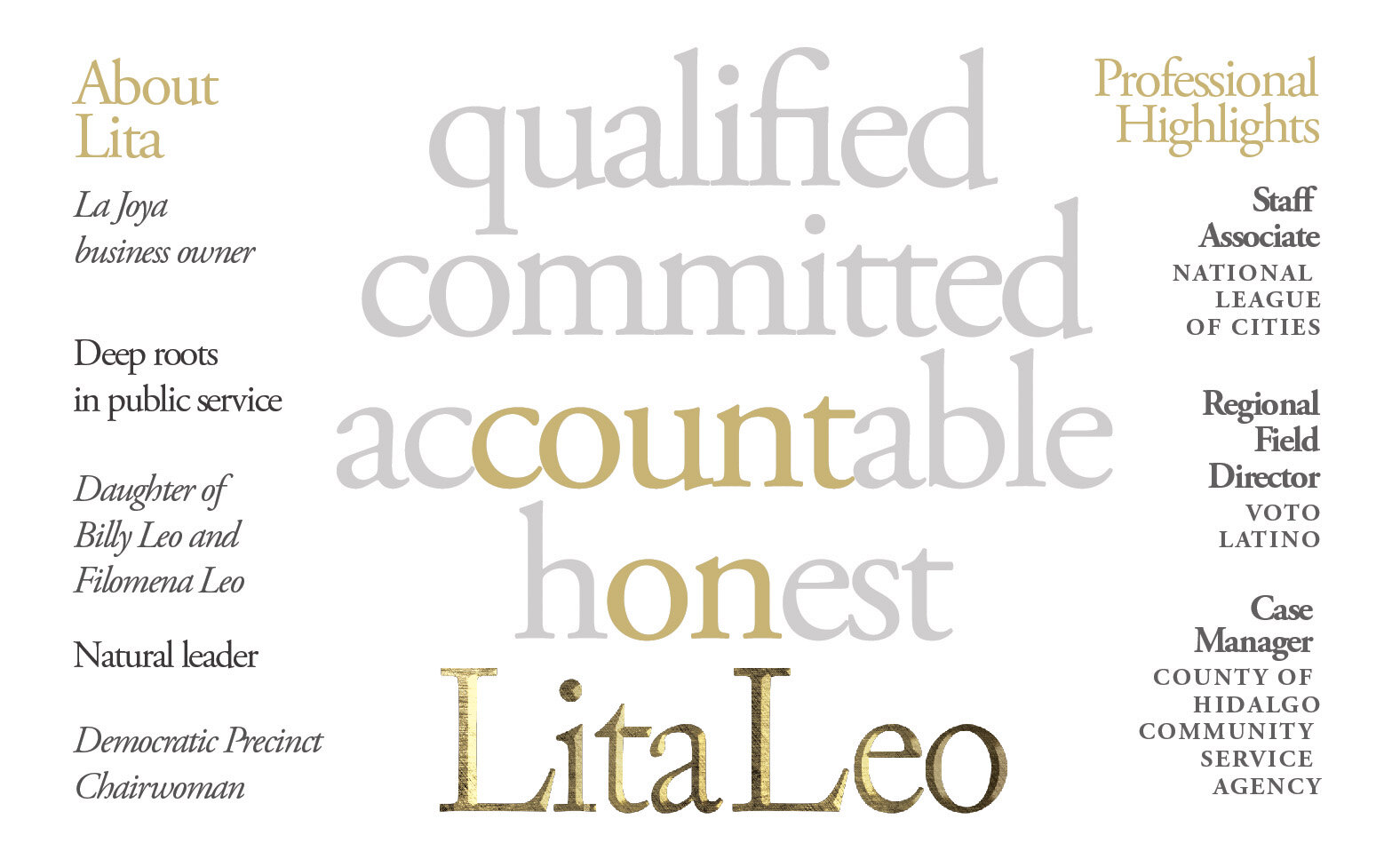Lita Leo information card built around accountability and qualifications